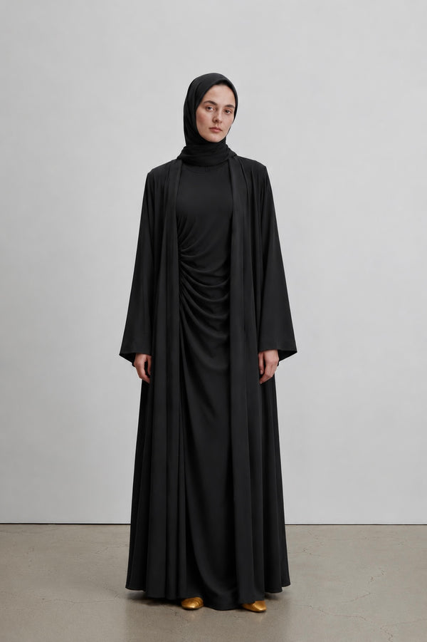 İç Elbisesi Büzgü Detaylı Kimono Takım Siyah
