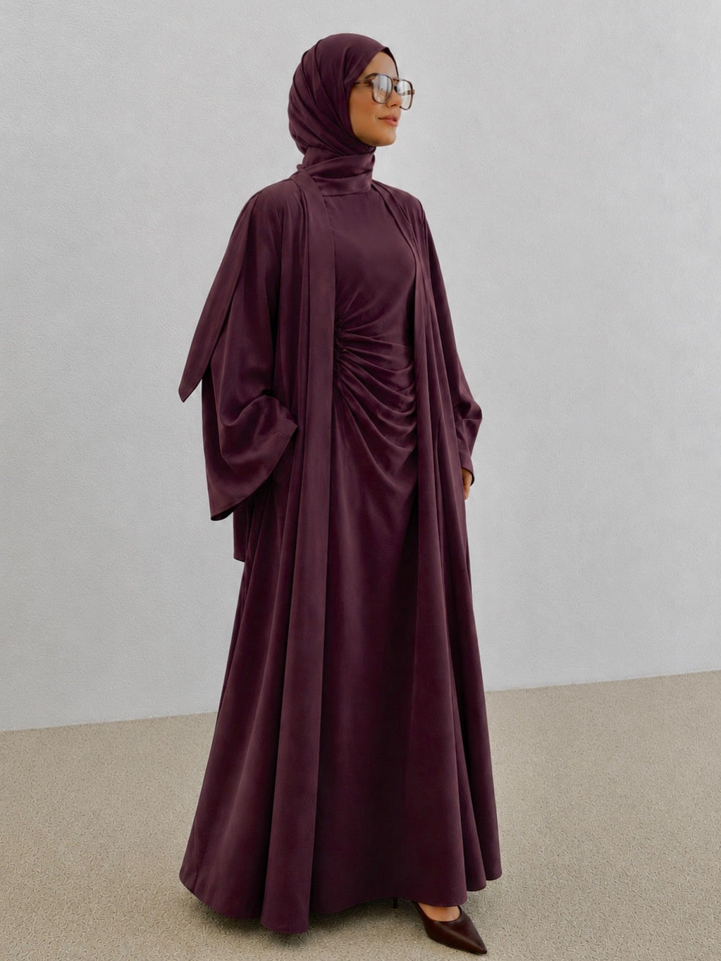 İç Elbisesi Büzgü Detaylı Kimono Takım Mürdüm