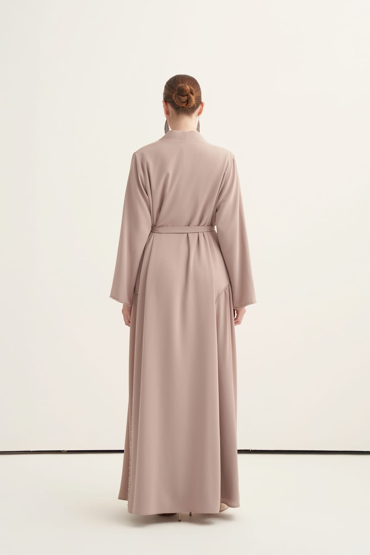 Yanları Şifon Ve Boncuk Detaylı Abaya Bej